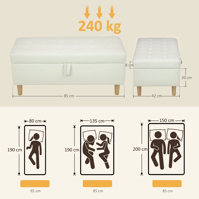 HOMCOM Banco de Almacenamiento Baúl Tapizado de Terciopelo con Patas de Madera Capacidad 71L 100x50x43 cm Blanco Crema