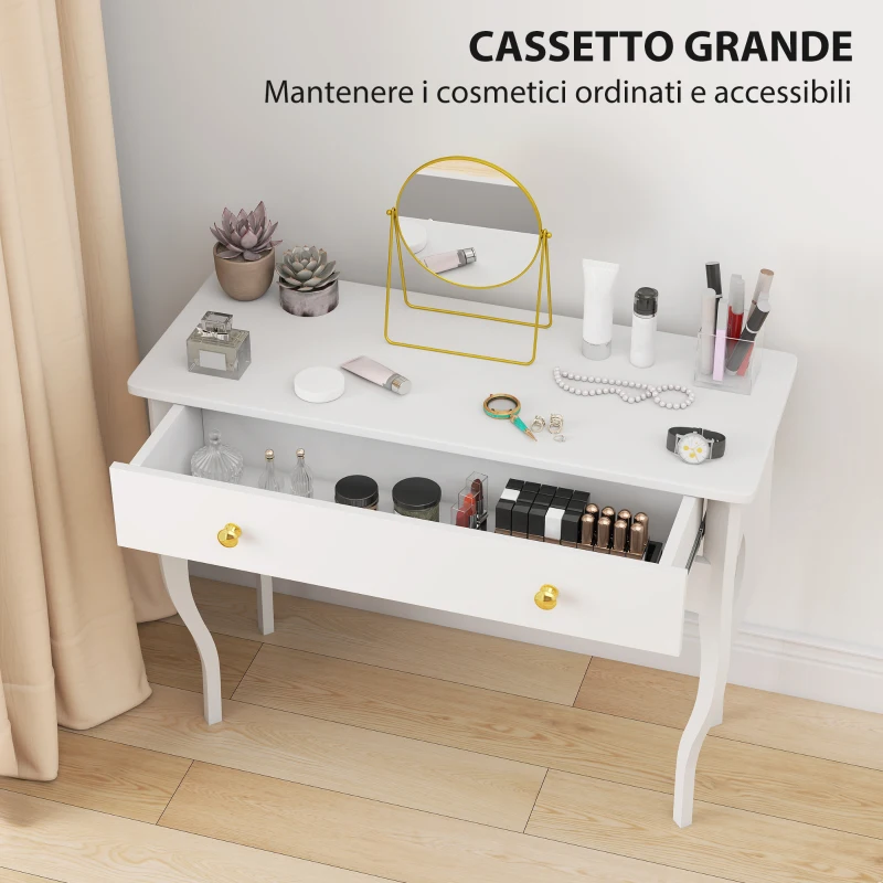 HOMCOM Tavolo Toeletta e Consolle da Ingresso con Ampio Cassetto in Legno, 100x40x74 cm, Bianco
