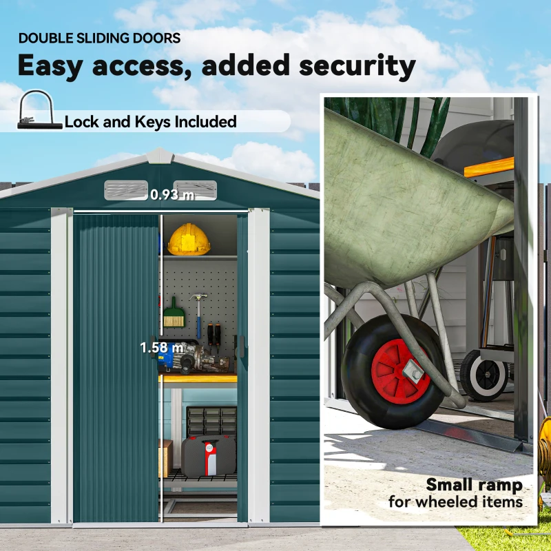 Outsunny 7 x 4ft Garden Shed, Easy to Assemble, Upgraded Galvanised Steel Frame with Foundation Kit, Double Doors with Lock, Outdoor Metal Shed with Vents and Gloves, Garden Storage Shed, Green