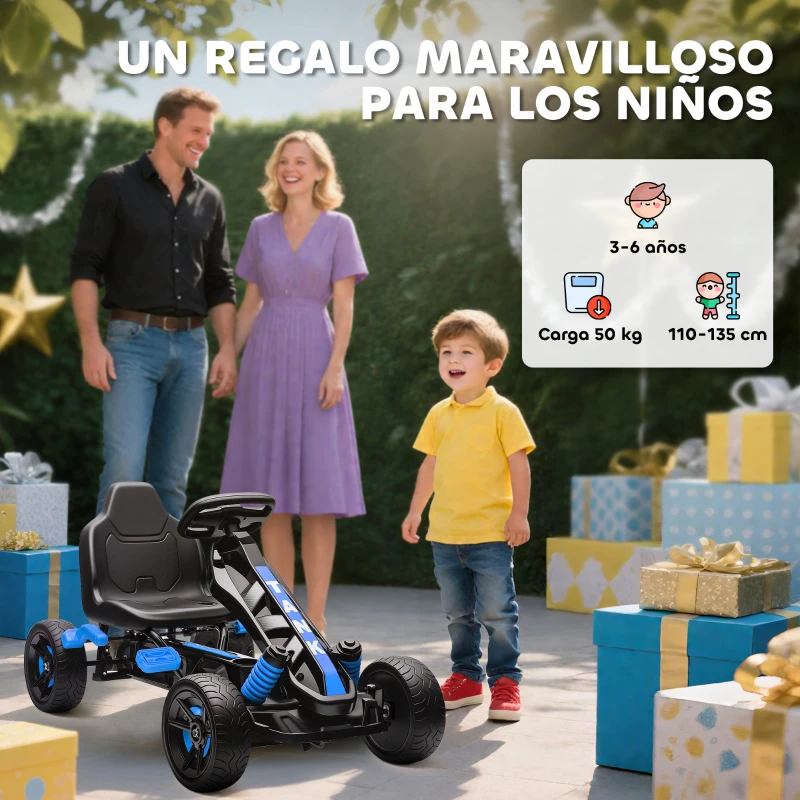 AIYAPLAY Kart Pedales para Niños de +3 Años con Embrague Automático Freno Ruedas Antideslizantes de EVA y Marco Metálico Azul