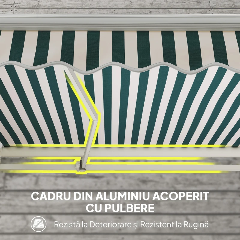 Outsunny Copertină Retractabilă cu Braț Pliabil și Protecție UV, 395x 245 cm, Verde și Alb