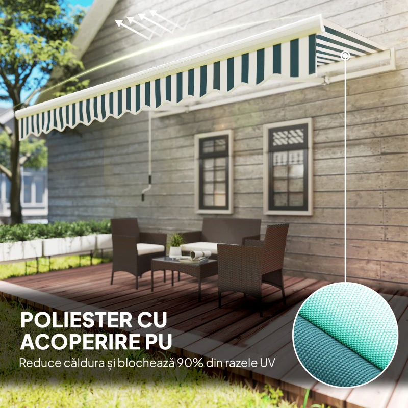 Outsunny Copertină Retractabilă cu Braț Pliabil și Protecție UV, 395x 245 cm, Verde și Alb