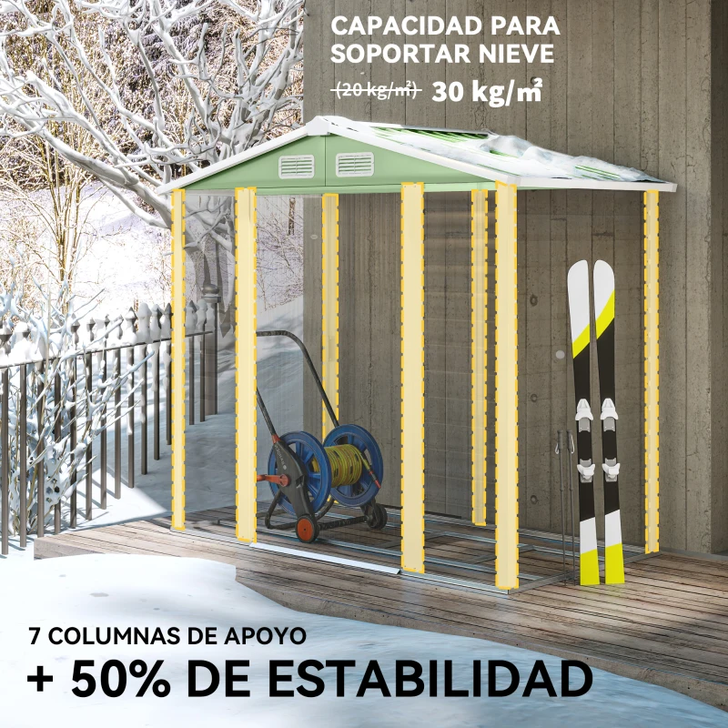 Outsunny Cobertizo Metálico para Jardín 213x120x166/194 cm con Base Refuerzo Puertas Correderas y Ventilaciones Verde Claro