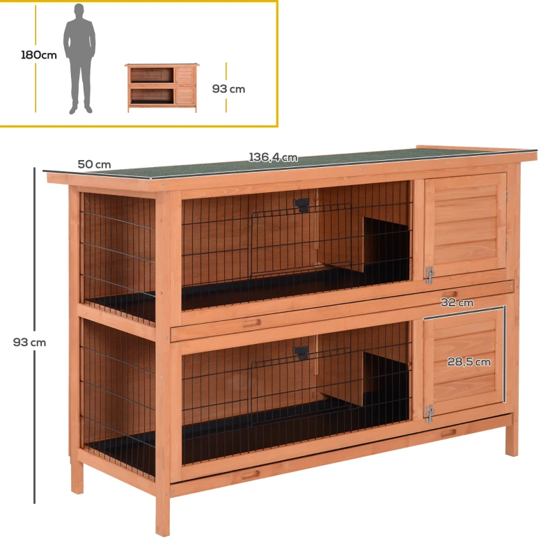 PawHut Conejera Madera de Exterior Jaula para Conejo Cobaya 2 Niveles Bandeja Extraíble Casa para Animal Pequeño 136.4x50x93cm