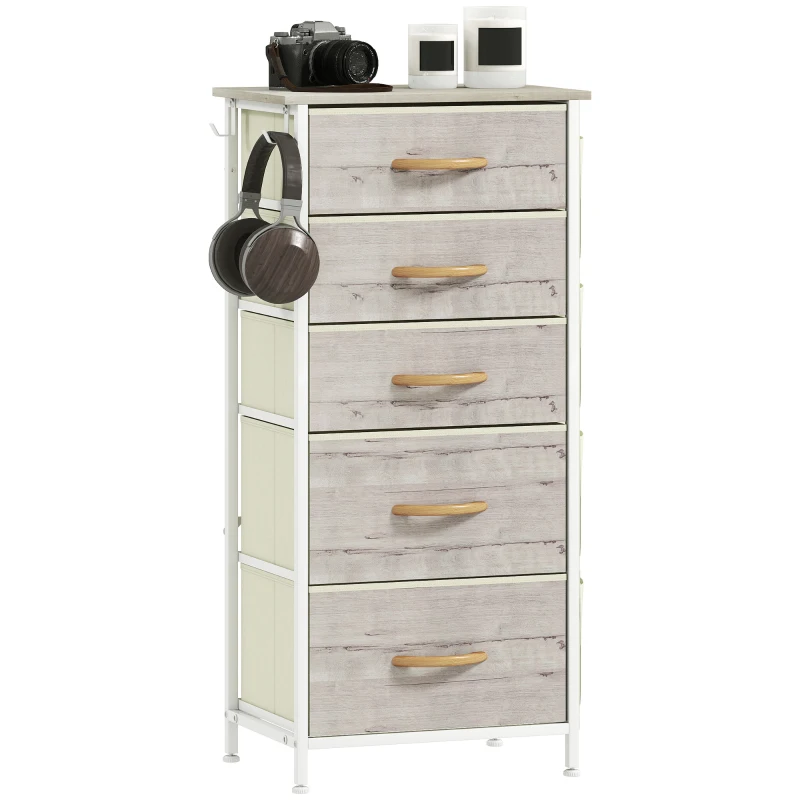 HOMCOM Chest of Five Fabric Drawers - Natural Wood Finish