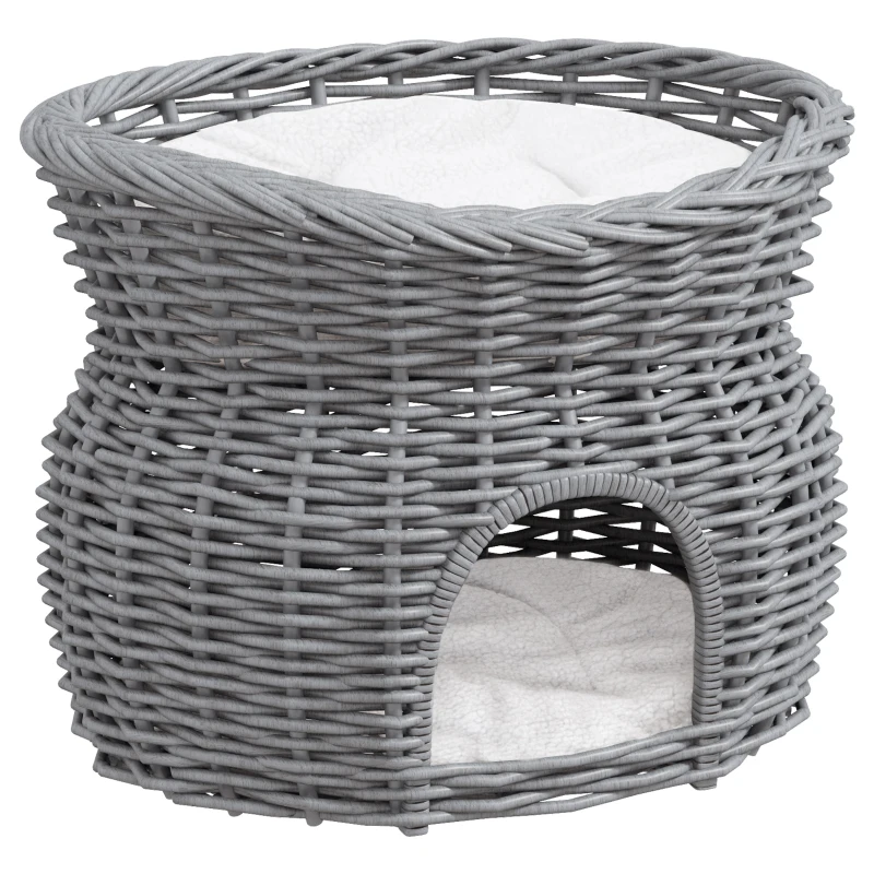 PawHut kattenbed kattengrot kattenmand met 2 kussens wilgentenen mand met ligvlak erboven grijs