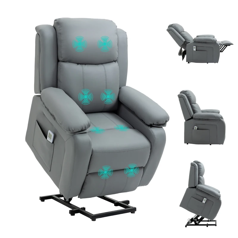 HOMCOM Riser and Recliner Chair with Massage, Heat, Power Lift Recliner Chair for Elderly with Remote Control, Extended Footrest, Dual Side Pockets, Overstuffed Electric Reclining Armchair, Grey