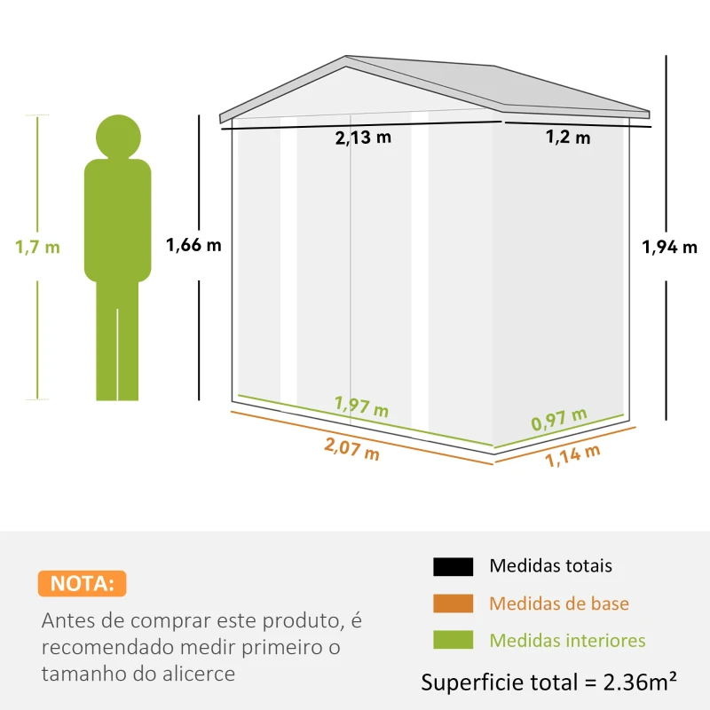 Outsunny Abrigo de Jardim Exterior 2,36m² 213x120x194 cm com Base Reforçada (Piso NÃO Incluído) e Portas de Correr Verde Claro