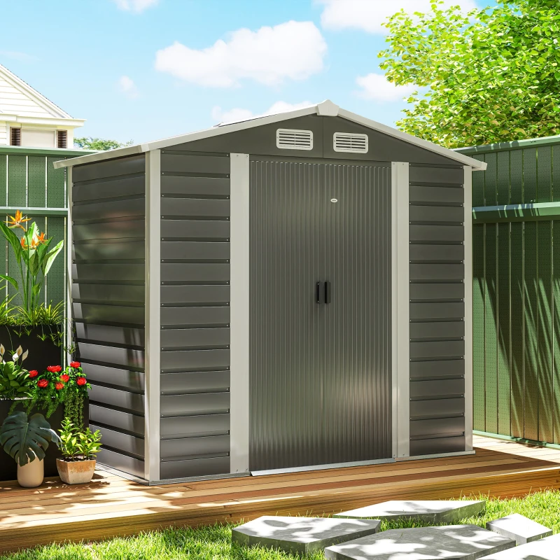 Outsunny Abrigo de Jardim Exterior 2,36m² 213x120x194 cm com Base Reforçada (Piso NÃO Incluído) e Portas de Correr Cinza Escuro