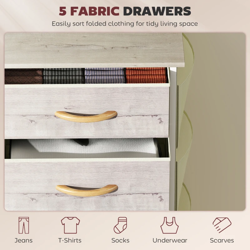 HOMCOM Chest of Five Fabric Drawers - Natural Wood Finish