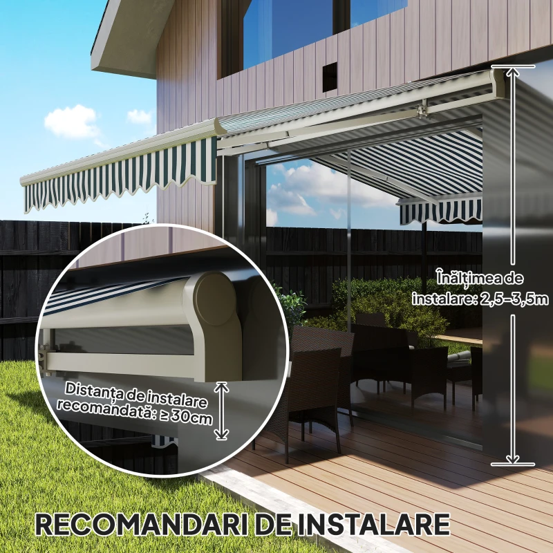 Outsunny Copertină Retractabilă cu Braț Pliabil și Protecție UV, 395x 245 cm, Verde și Alb