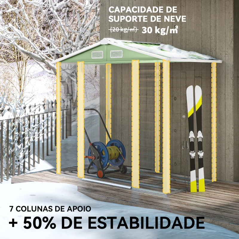 Outsunny Abrigo de Jardim Exterior 2,36m² 213x120x194 cm com Base Reforçada (Piso NÃO Incluído) e Portas de Correr Verde Claro