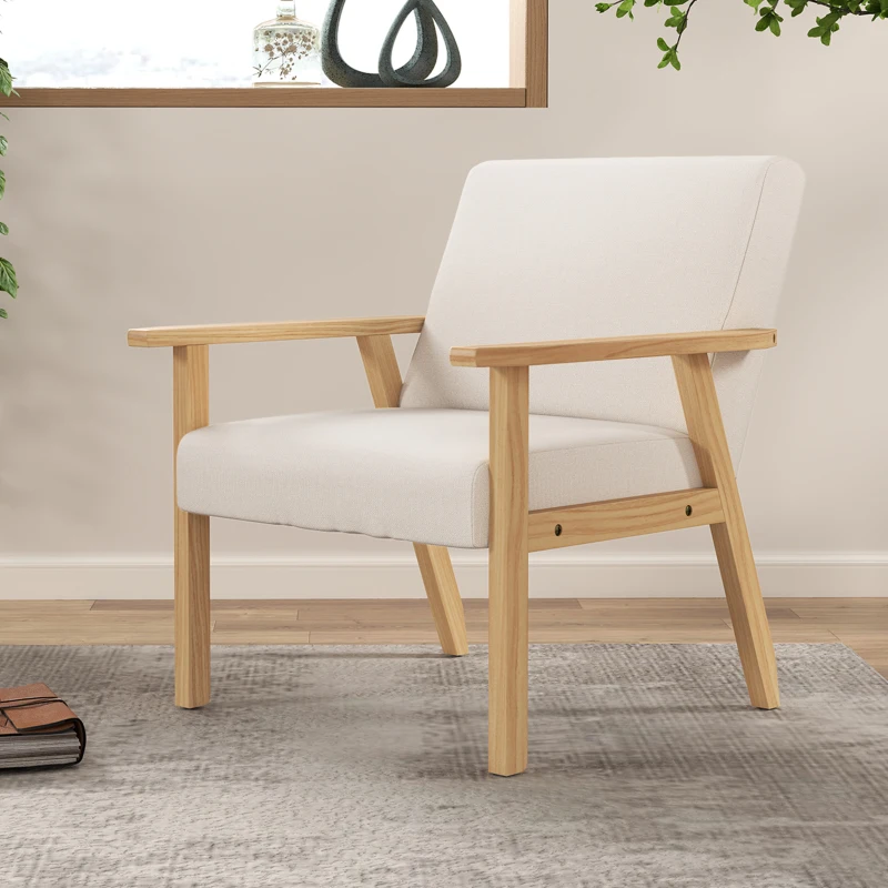 HOMCOM Gestoffeerde Stoel met Armleuningen, Eetkamerstoel in Linnenlook, Massief Houten Frame, 64 x 70 x 72 cm, Crème