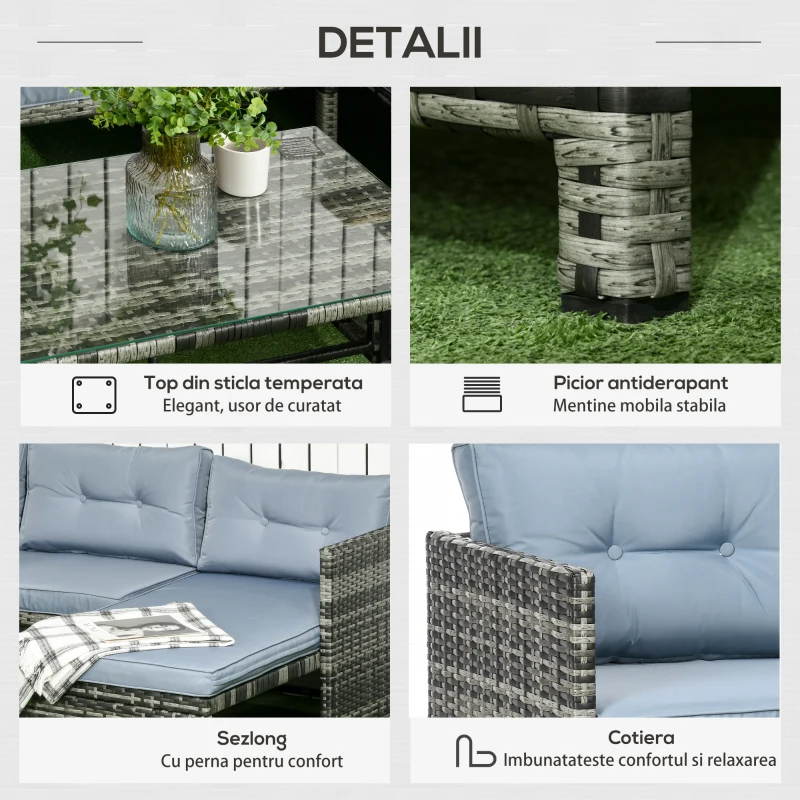 Outsunny Mobilier pentru gradina cu canapea 2 locuri, sezlong si masuta, set pentru gradina din ratan PE si geam cu perne, gri