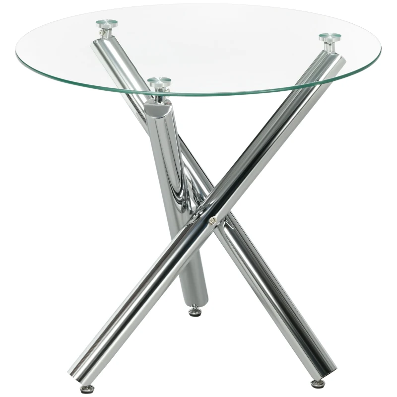 HOMCOM Eettafel, rond blad van gehard glas, randloos ontwerp, voor 2-4 personen, stalen poten, 80 x 80 x 74 cm
