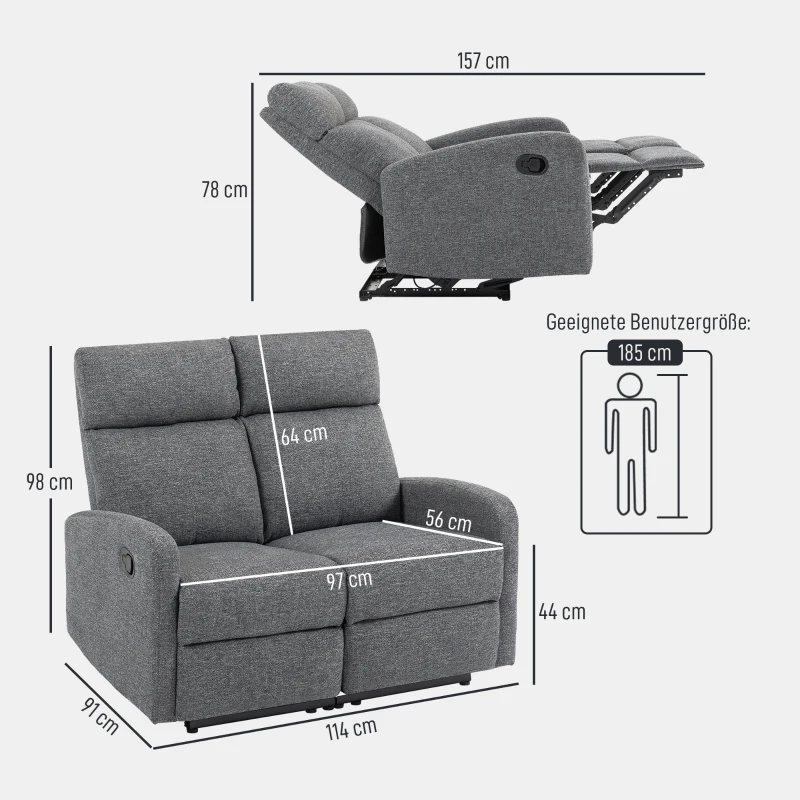 HOMCOM 2-Sitzer-Sofa, individuell verstellbare Rückenlehnen, Fußstütze, Stoffbezug, Stahl, Grau(m-3)