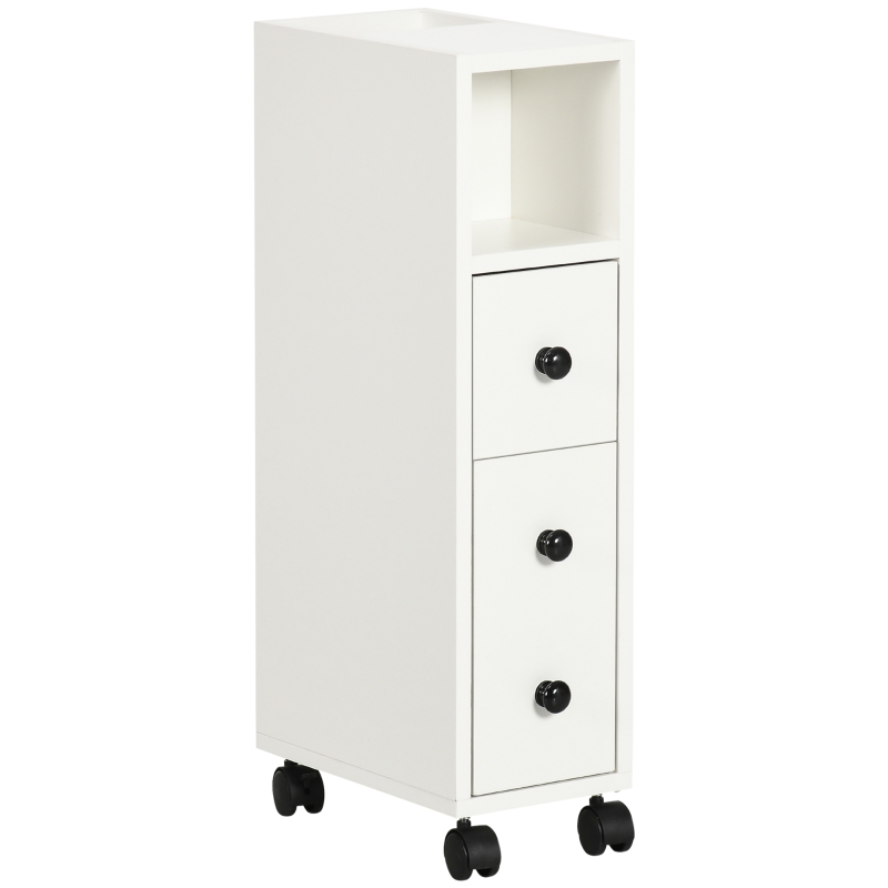 kleankin Armario de Baño con Ruedas Mueble Auxiliar para Baño con Estante Abierto Puerta y Cajón 18x30x68,5 cm Blanco