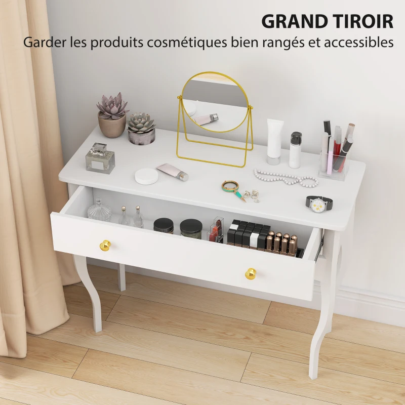 HOMCOM Coiffeuse avec grand tiroir et pieds cabriole, bureau coiffeuse pour chambre à coucher, 100 x 40 x 74 cm, blanc