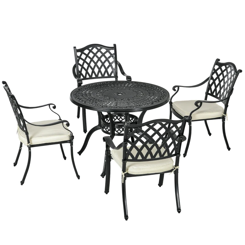 Outsunny Cast Aluminium 4 Seater Outdoor Dining Set with Cushions Parasol Hole Black