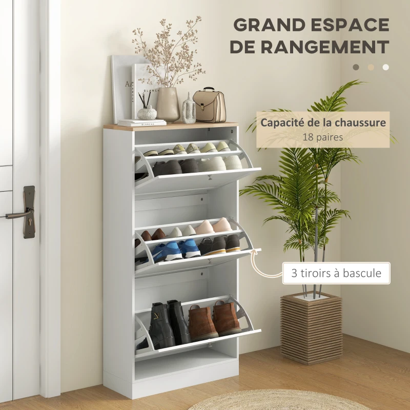 HOMCOM Meuble à chaussures style scandinave 3 portes abattants 18 paires de chaussures 60 x 23,5 x 115 cm blanc aspect bois