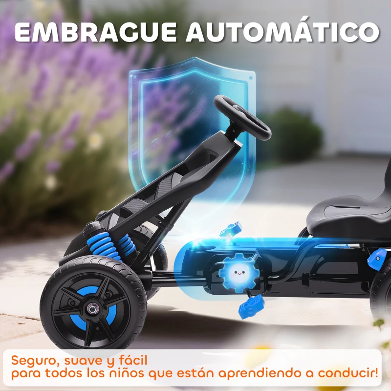 AIYAPLAY Kart Pedales para Niños de +3 Años con Embrague Automático Freno Ruedas Antideslizantes de EVA y Marco Metálico Azul