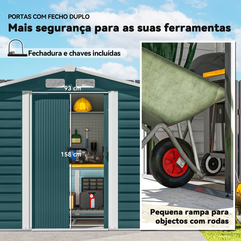 Outsunny Abrigo de Jardim Exterior 2,36m² 213x120x194 cm com Base Reforçada (Piso NÃO Incluído) e Portas de Correr Verde