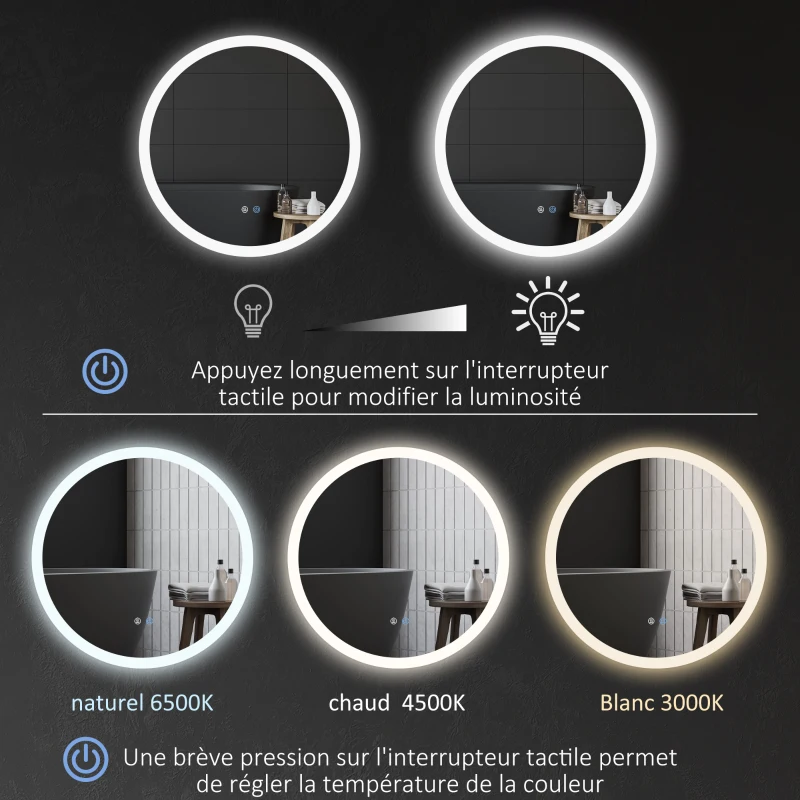kleankin Miroir rond lumineux LED de salle de bain Ø 70 cm mural éclairage interrupteur tactile système antibuée 35W blanc argent