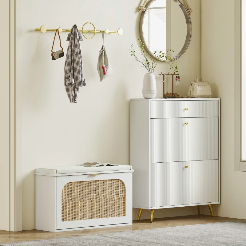 HOMCOM Banc à chaussures, banc de rangement, assise rembourrée, tiroir rabattable, porte en rotin, 80 x 26 x 47,5 cm, blanc