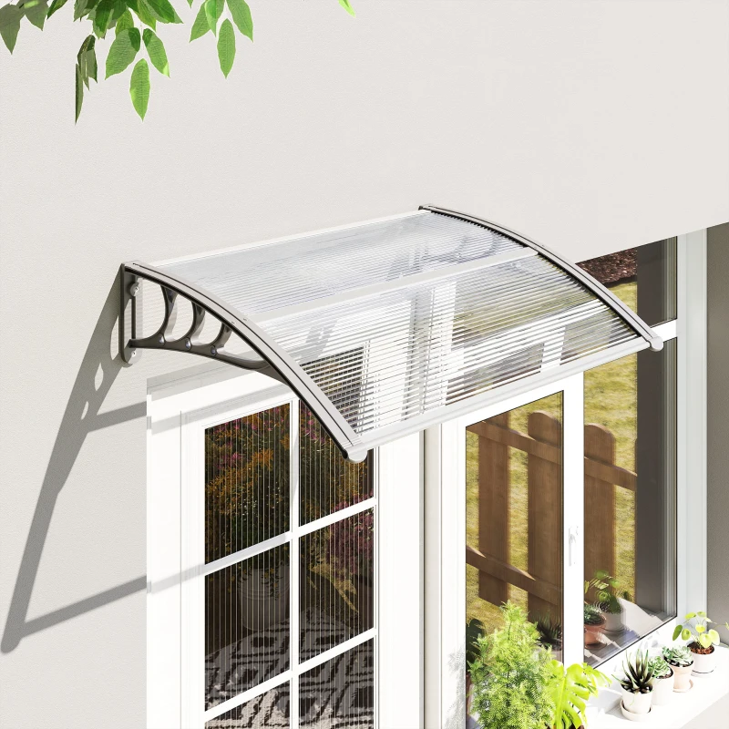 Outsunny Front Door Canopy Outdoor Awning Aluminium Rigid Plastic Polycarbonate Rain Shelter UV Water Rain Resistant 100 x 75cm Clear