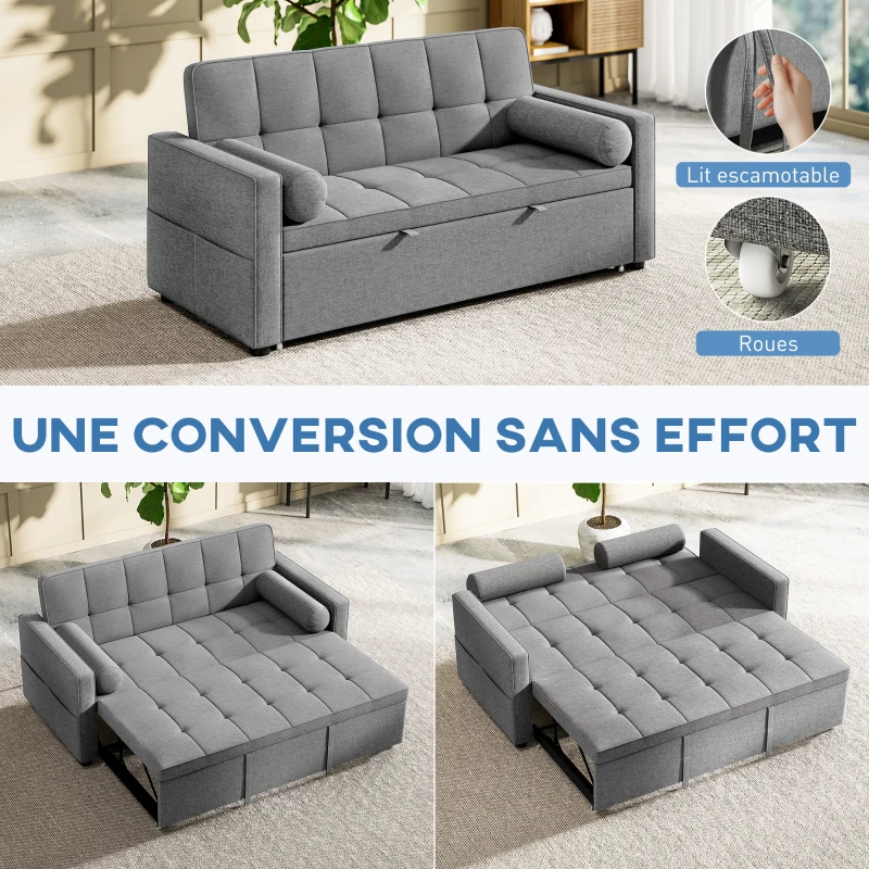 HOMCOM Canapé convertible 2 places 3 en 1 canapé-lit avec lit gigogne double dossier réglable 2 coussins 80,5x137,5x84cm gris