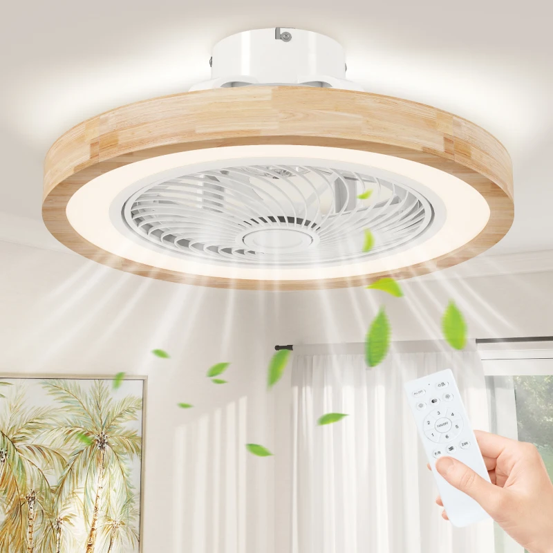 HOMCOM Plafondventilator met Lamp en Afstandsbediening, 6 Snelheden, Aanpasbare Helderheid, Stille Motor, Lichtbruin