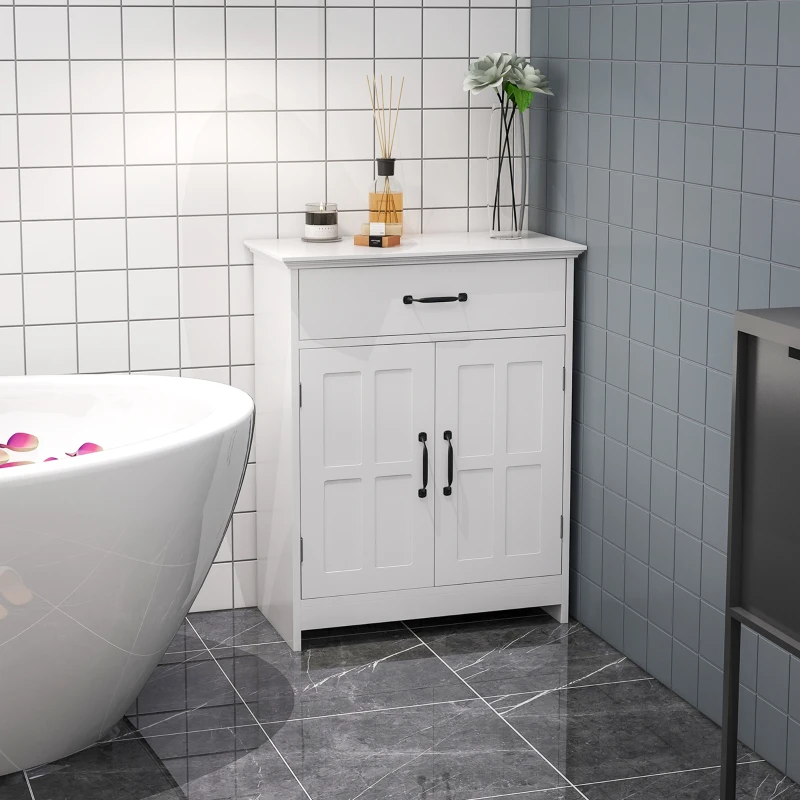 kleankin Mobile Salle de Bain, Armadio Salle de Bain in Piedi con Doppia Porta, Cassetto e Ripiano Regolabile, 60x30x75cm, Bianco