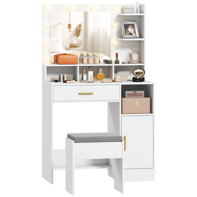 HOMCOM Tocador de Maquillaje con Luces LED y Taburete Espejo 2 Colores 10 Bombillas Cajón Estantes Compartimentos Blanco