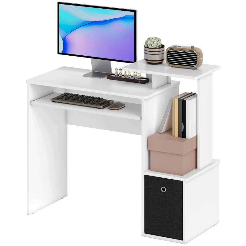 HOMCOM Bureau Informatique multimédia étagères Tablette Clavier Panier Noir Panneaux Particules Blanc