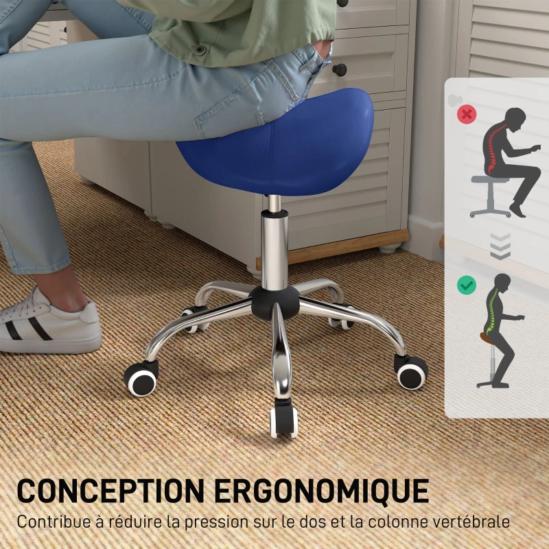 HOMCOM Tabouret à roulettes, chaise de travail avec hauteur réglable 49-61 cm et selle ergonomique, 52x53x49-61cm, bleu