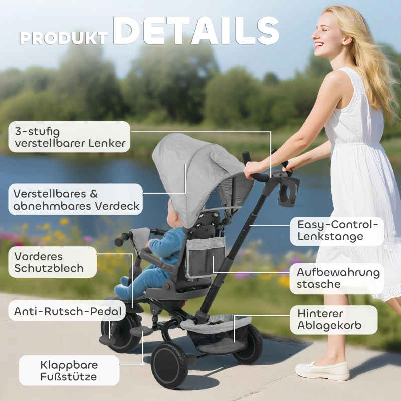 AIYAPLAY Kinderdreirad, 6-in-1 Buggy für Kleinkinder, mit Schiebegriff, verstellbarer Sitz, faltbares Design, Sicherheitsnetz, Grau