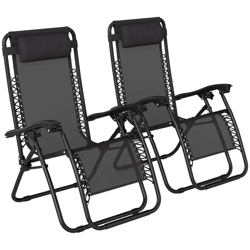 Outsunny Zero Gravity Chair Set of 2, Metal Frame Texteline Armchair Outdoor Folding and Reclining Sun Lounger with Head Pillow for Patio Decking Gardens Camping, Black