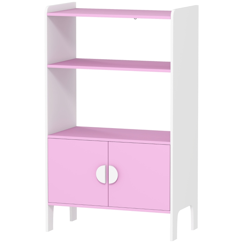 AIYAPLAY Libreria per bambini, 2 Ripiani, 2 Armadietti, autoportante, Design anti-ribaltamento, Piedini antiscivolo, MDF, Rosa+bianco