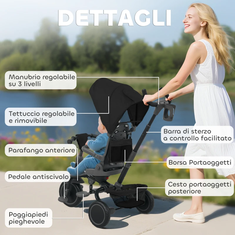 AIYAPLAY Triciclo per Bambini 6 in 1 con Maniglione di Spinta e Sedile Girevole, 111.5x52x98 cm, Nero