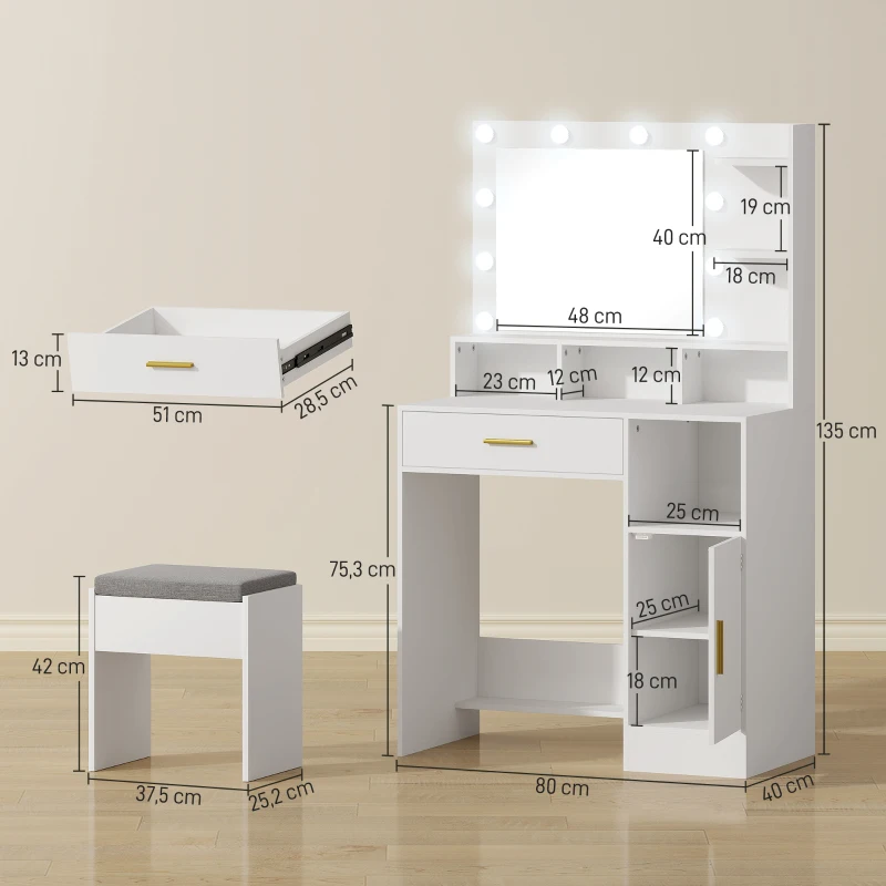 HOMCOM Tocador de Maquillaje con Luces LED y Taburete Espejo 2 Colores 10 Bombillas Cajón Estantes Compartimentos Blanco