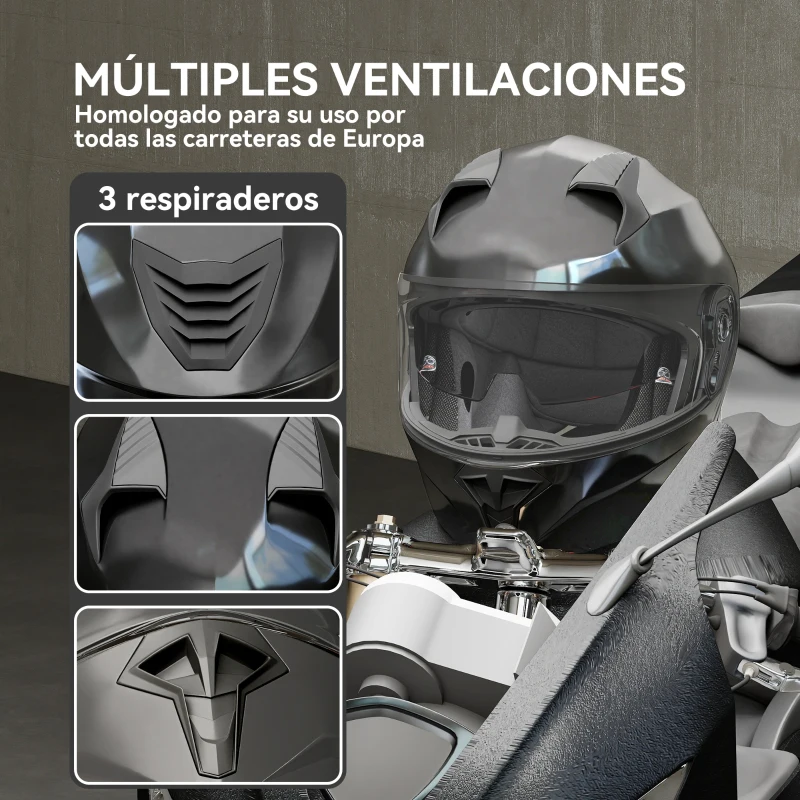 HOMCOM Casco de Moto Integral ECE Talla XL-61-62 cm Casco de Motocicleta con Doble Visera Cabezal Anticolisión y Ventilaciones con Certificación Europea Unisex Color Negro