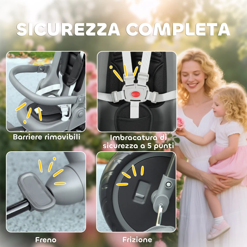 AIYAPLAY Triciclo per Bambini 6 in 1 con Maniglione di Spinta e Sedile Girevole, 111.5x52x98 cm, Nero