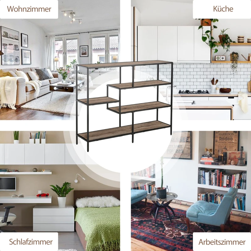 HOMCOM Standregal, Bücherregal Lagerregal Industrieller Stil, Aktenregal, Küchenregal, P2 Spanplatte, Metall, Schwarz+helle Eiche, 120 x 32 x 95 cm