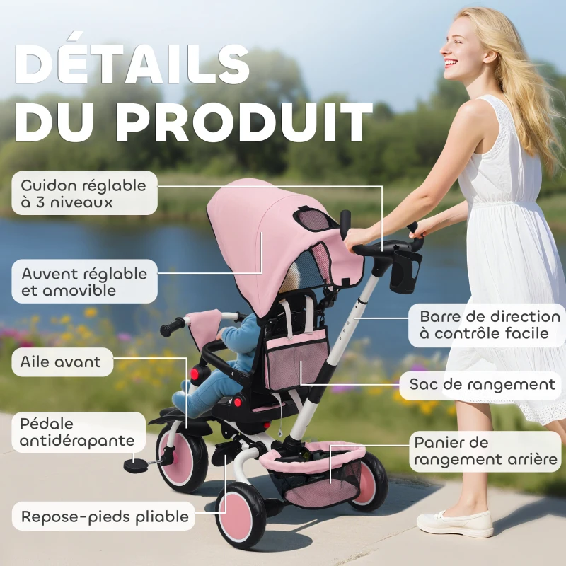 AIYAPLAY Tricycle bébé évolutif 6 en 1, tricycle enfant pliable avec poignée parentale réglable, siège pivotant 360°, rose