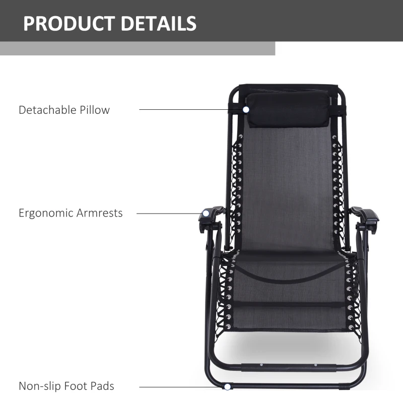 Outsunny Zero Gravity Chair Set of 2, Metal Frame Texteline Armchair Outdoor Folding and Reclining Sun Lounger with Head Pillow for Patio Decking Gardens Camping, Black