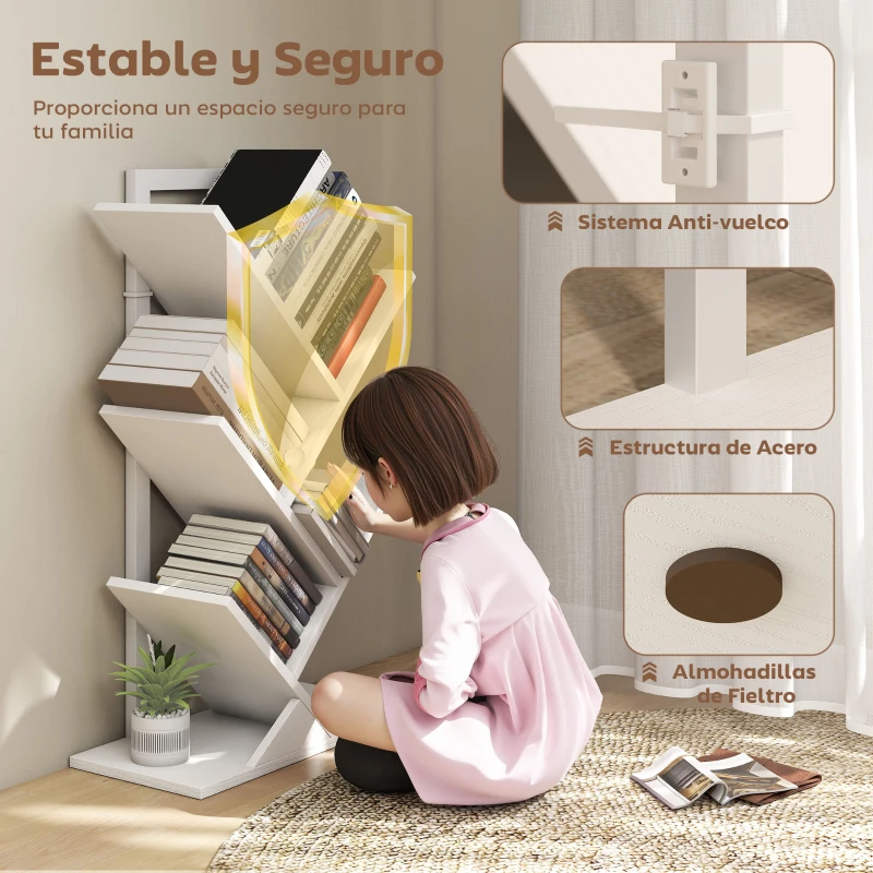 HOMCOM Estantería en Forma de Árbol con 5 Estantes y Sistema Antivuelco para Salón Dormitorio 50x24x82 cm Blanco