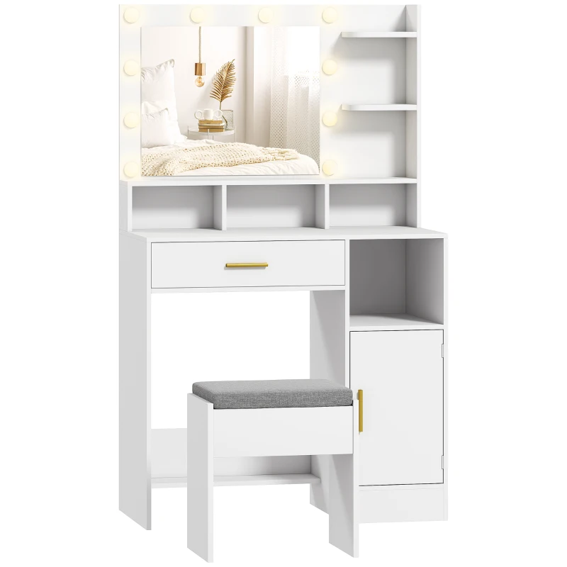 HOMCOM Tocador de Maquillaje con Luces LED y Taburete Espejo 3 Colores 10 Bombillas Cajón Estantes Compartimentos Blanco