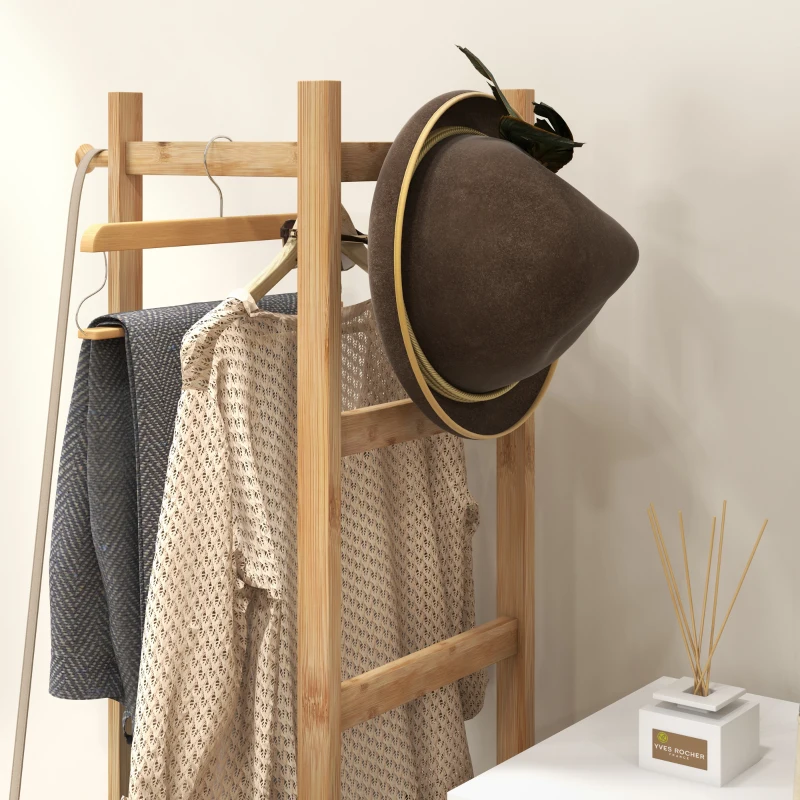 HOMCOM Perchero de Pie de Bambú con 2 Estantes 2 Ganchos 5 Barras con Estructura de Acero para Colgar Ropa Natural y Negro