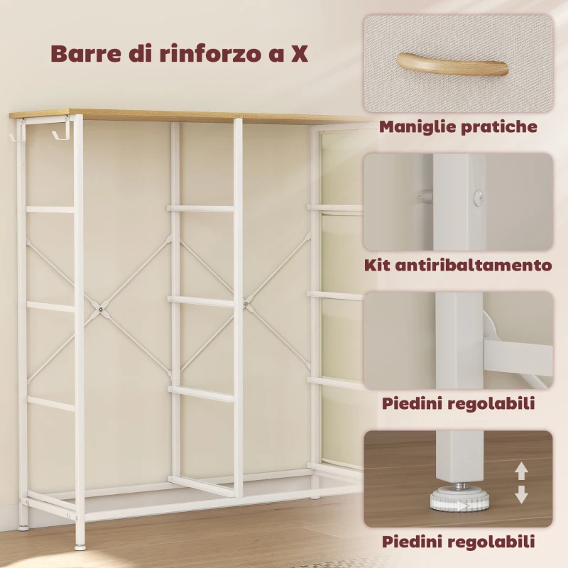 HOMCOM Cassettiera 8 Cassetti Pieghevoli con 4 Tasche e 2 Ganci, in Legno, Acciaio e Tessuto, 86x30x94.5 cm