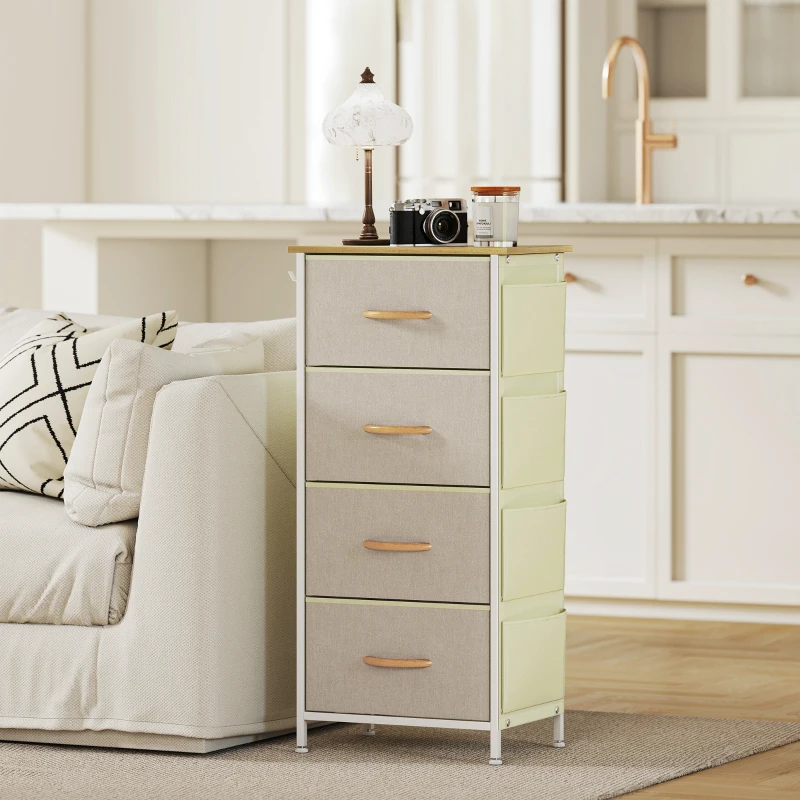 HOMCOM Commode 4 tiroirs en tissu, meuble de rangement avec 4 poches, 2 crochets, structure en acier, 45 x 30 x 94,5 cm, beige